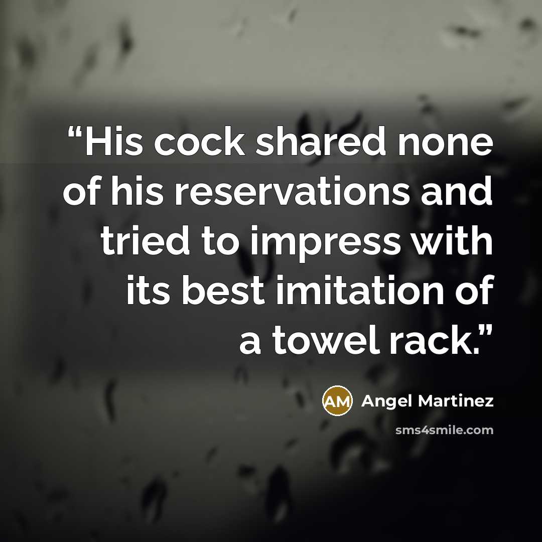 “His cock shared none of his reservations and tried to impress with its best imitation of a towel rack.” quote by Angel Martinez