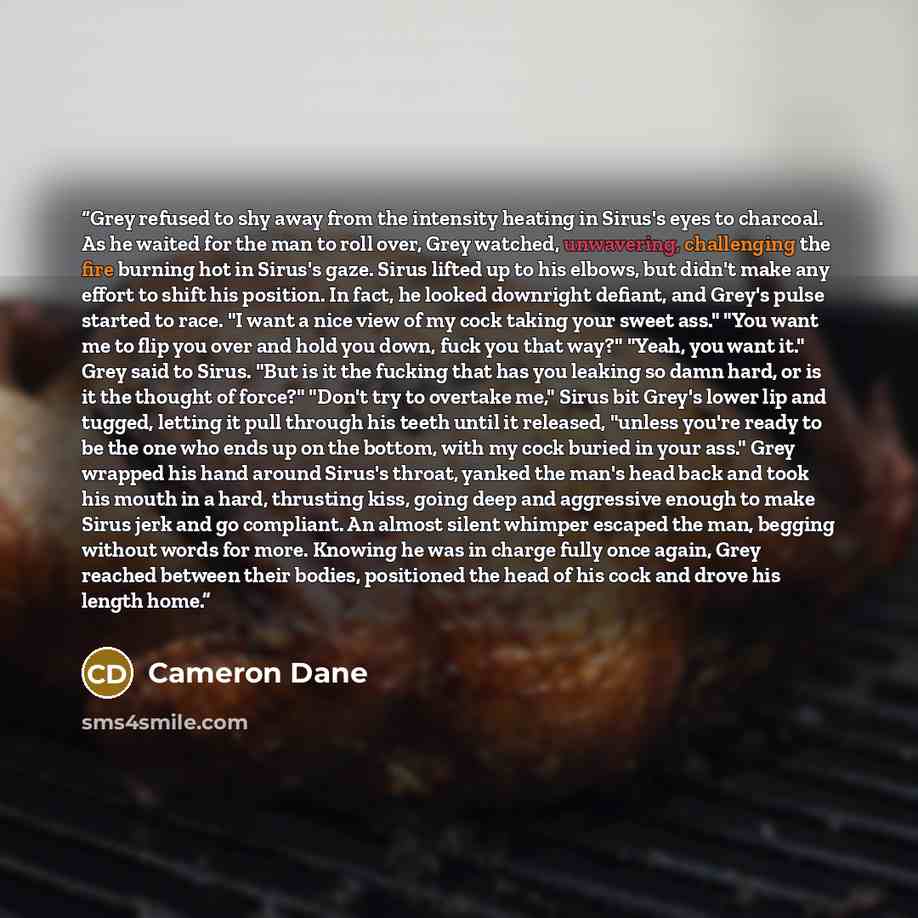 “Grey refused to shy away from the intensity heating in Sirus's eyes to charcoal. As he waited for the man to roll over, Grey watched, unwavering, challenging the fire burning hot in Sirus's gaze. Sirus lifted up to his elbows, but didn't make any effort to shift his position. In fact, he looked…” quote by Cameron Dane