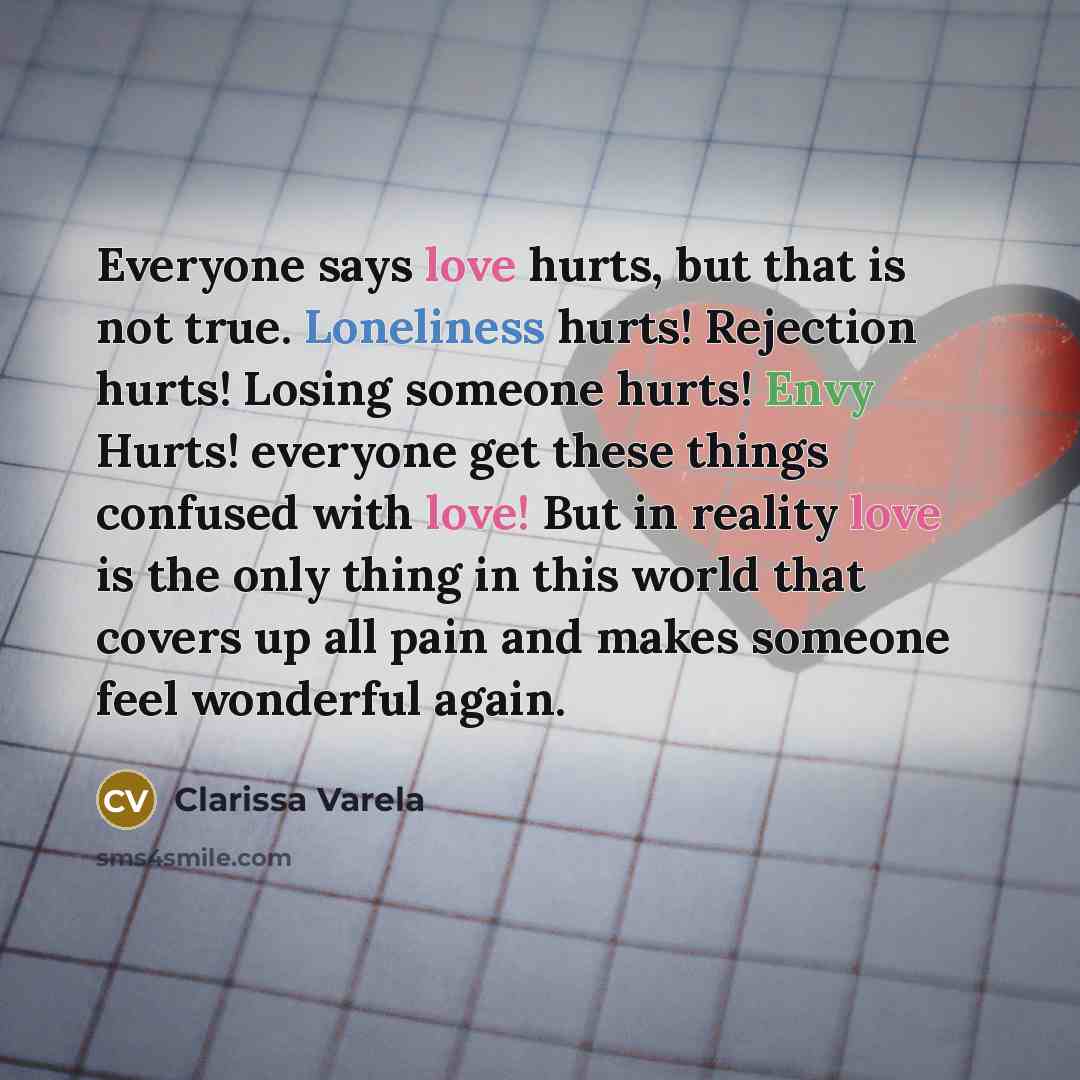 “Everyone says love hurts, but that is not true. Loneliness hurts! Rejection hurts! Losing someone hurts! Envy Hurts! everyone get these things confused with love! But in reality love is the only thing in this world that covers up all pain and makes someone feel wonderful again.” quote by Clarissa Varela