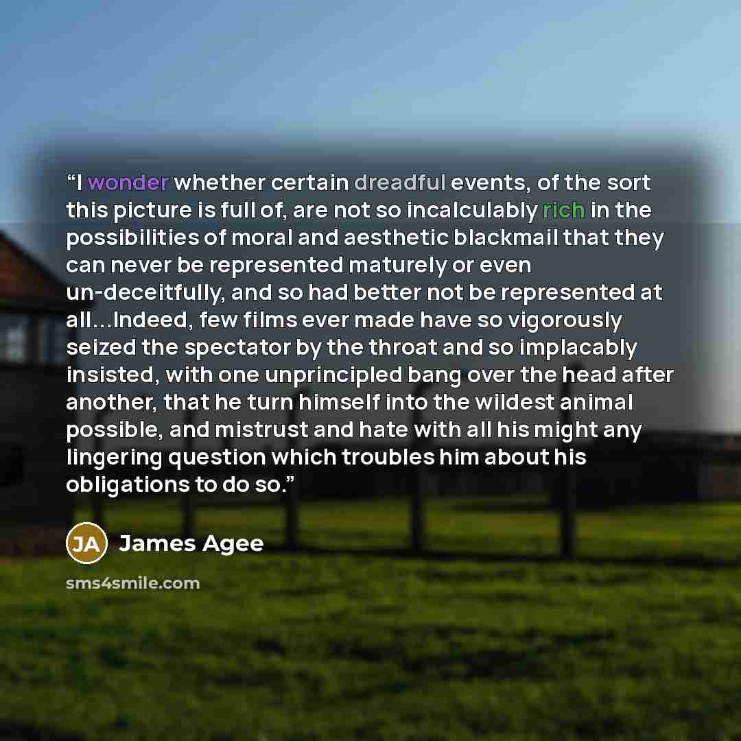 “I wonder whether certain dreadful events, of the sort this picture is full of, are not so incalculably rich in the possibilities of moral and aesthetic blackmail that they can never be represented maturely or even un-deceitfully, and so had better not be represented at all...Indeed, few films ever…” quote by James Agee