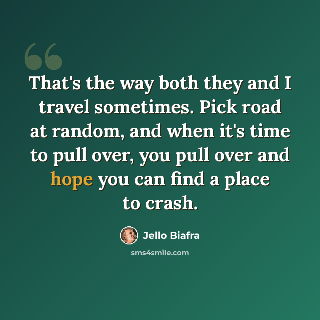“That's the way both they and I travel sometimes. Pick road at random, and when it's time to pull over, you pull over and hope you can find a place to crash.” quote by Jello Biafra