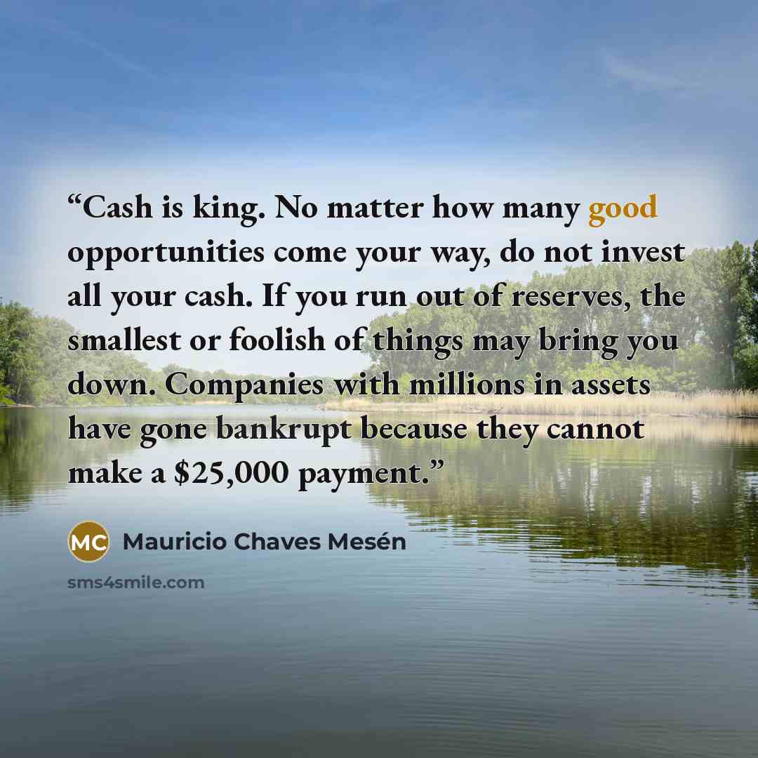 “Cash is king. No matter how many good opportunities come your way, do not invest all your cash. If you run out of reserves, the smallest or foolish of things may bring you down. Companies with millions in assets have gone bankrupt because they cannot make a $25,000 payment.” quote by Mauricio Chaves Mesén