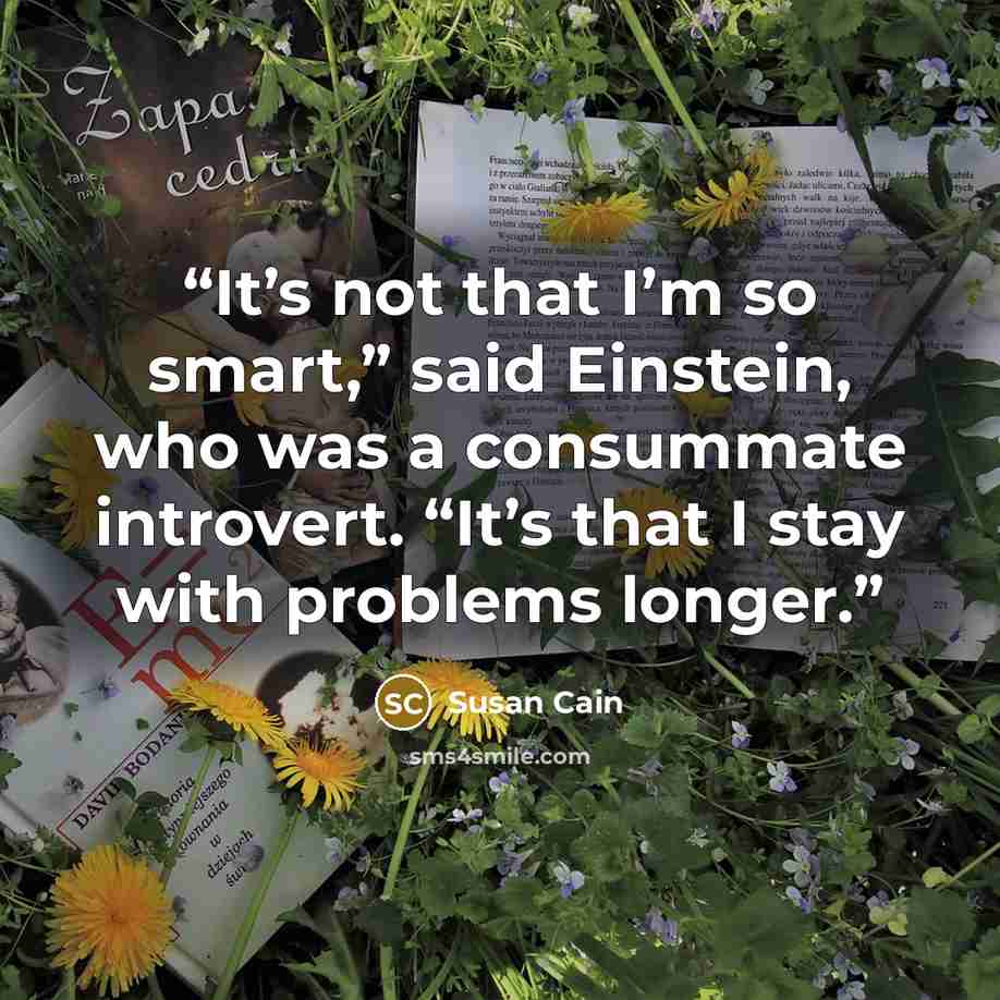 “It’s not that I’m so smart,” said Einstein, who was a consummate introvert. “It’s that I stay with problems longer.” quote by Susan Cain