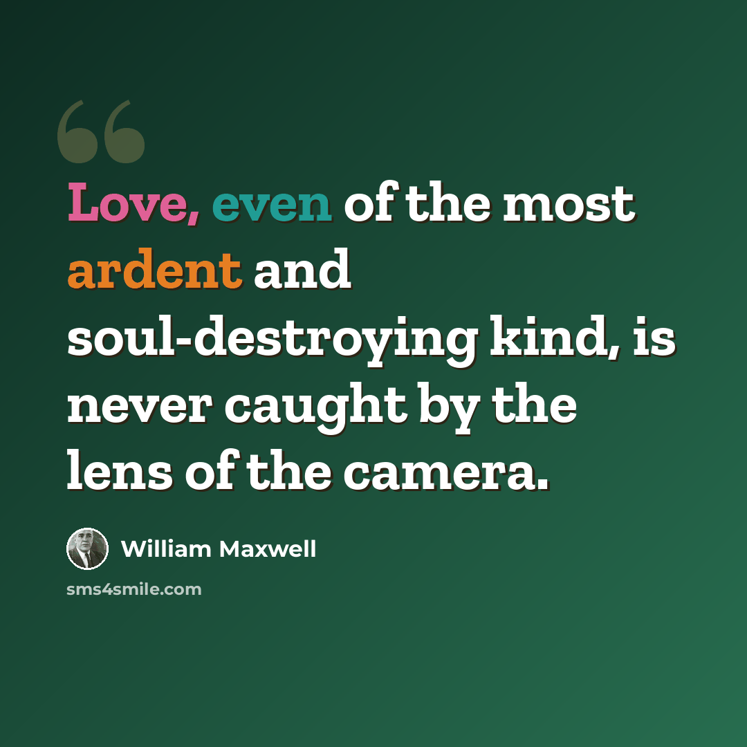 “Love, even of the most ardent and soul-destroying kind, is never caught by the lens of the camera.” quote by William Maxwell