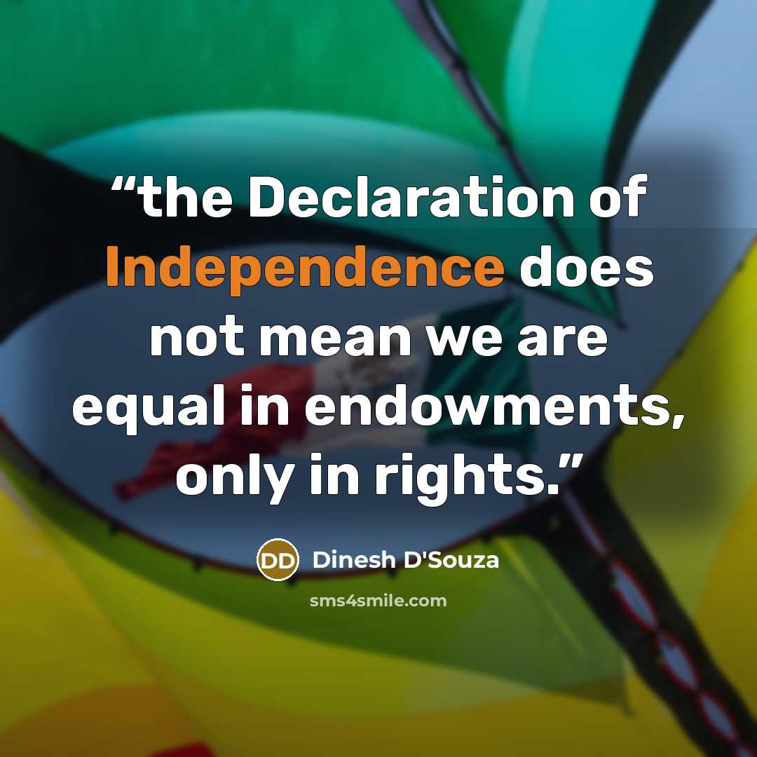 “the Declaration of Independence does not mean we are equal in endowments, only in rights.” quote by Dinesh D'Souza