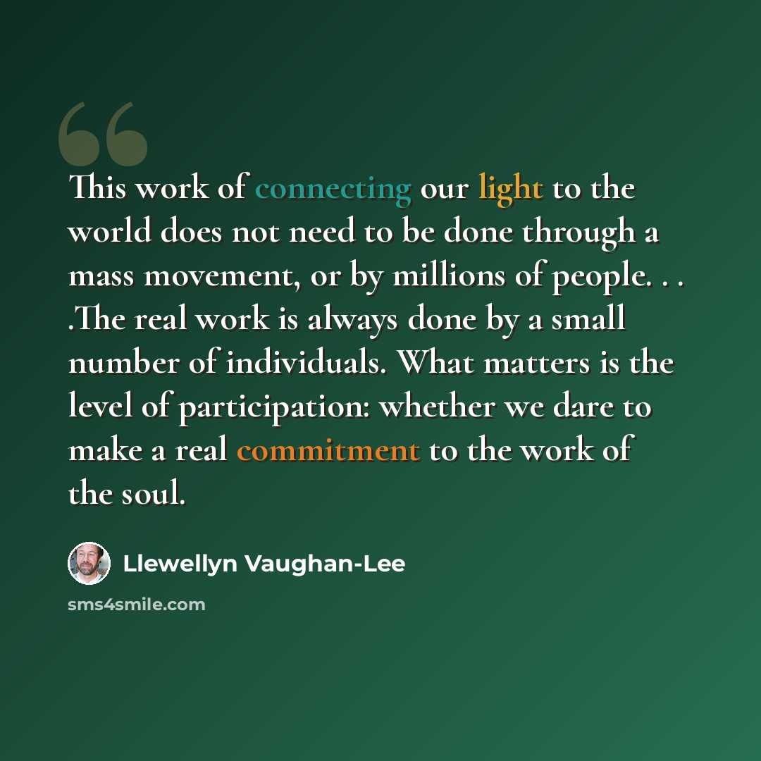 “This work of connecting our light to the world does not need to be done through a mass movement, or by millions of people. . . .The real work is always done by a small number of individuals. What matters is the level of participation: whether we dare to make a real commitment to the work of the…” quote by Llewellyn Vaughan-Lee