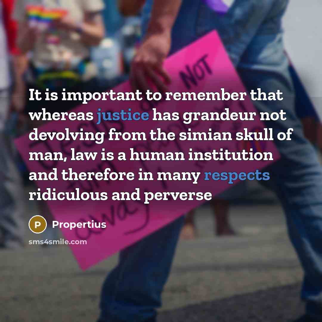 “It is important to remember that whereas justice has grandeur not devolving from the simian skull of man, law is a human institution and therefore in many respects ridiculous and perverse” quote by Propertius