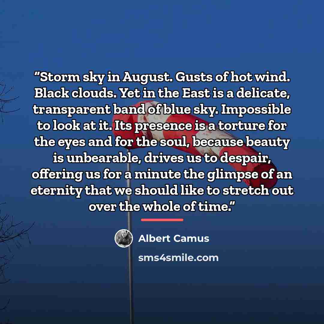 “Storm sky in August. Gusts of hot wind. Black clouds. Yet in the East is a delicate, transparent band of blue sky. Impossible to look at it. Its presence is a torture for the eyes and for the soul, because beauty is unbearable, drives us to despair, offering us for a minute the glimpse of an…” quote by Albert Camus