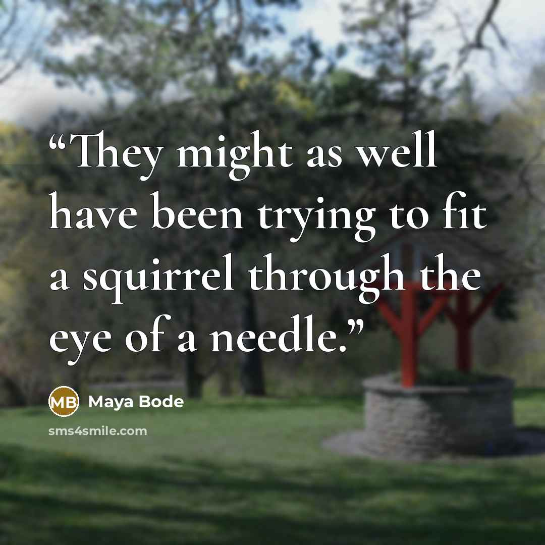 “They might as well have been trying to fit a squirrel through the eye of a needle.” quote by Maya Bode