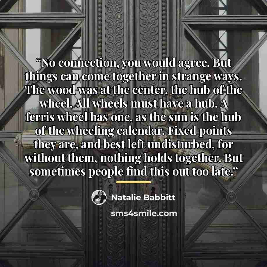 “No connection, you would agree. But things can come together in strange ways. The wood was at the center, the hub of the wheel. All wheels must have a hub. A ferris wheel has one, as the sun is the hub of the wheeling calendar. Fixed points they are, and best left undisturbed, for without them…” quote by Natalie Babbitt