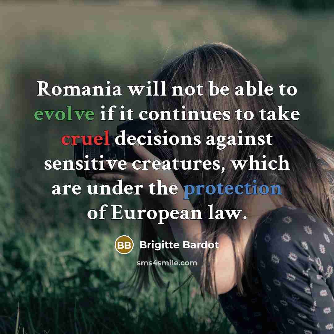 “Romania will not be able to evolve if it continues to take cruel decisions against sensitive creatures, which are under the protection of European law.” quote by Brigitte Bardot