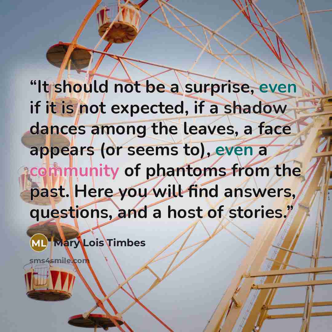 “It should not be a surprise, even if it is not expected, if a shadow dances among the leaves, a face appears (or seems to), even a community of phantoms from the past. Here you will find answers, questions, and a host of stories.” quote by Mary Lois Timbes