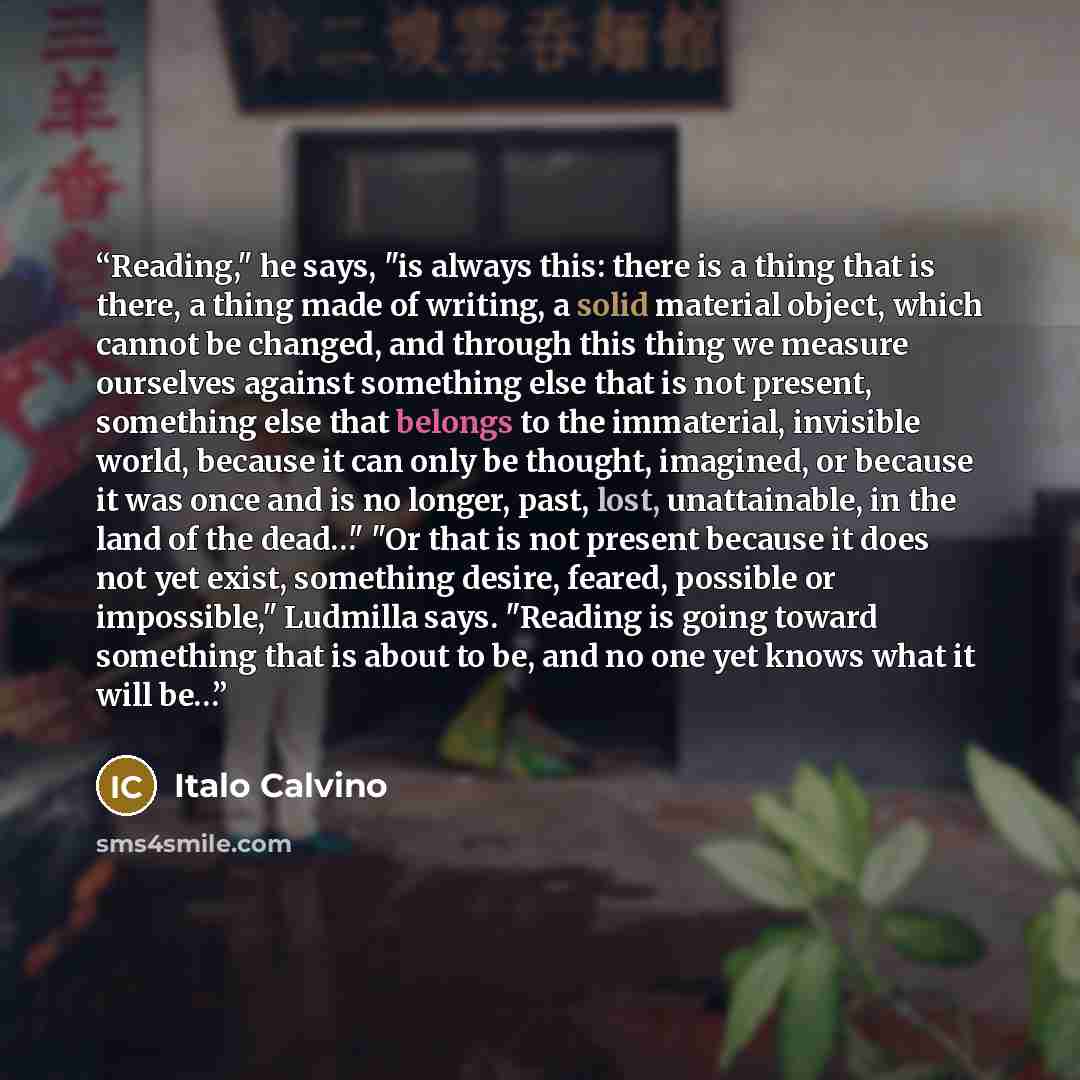 “Reading," he says, "is always this: there is a thing that is there, a thing made of writing, a solid material object, which cannot be changed, and through this thing we measure ourselves against something else that is not present, something else that belongs to the immaterial, invisible world…” quote by Italo Calvino