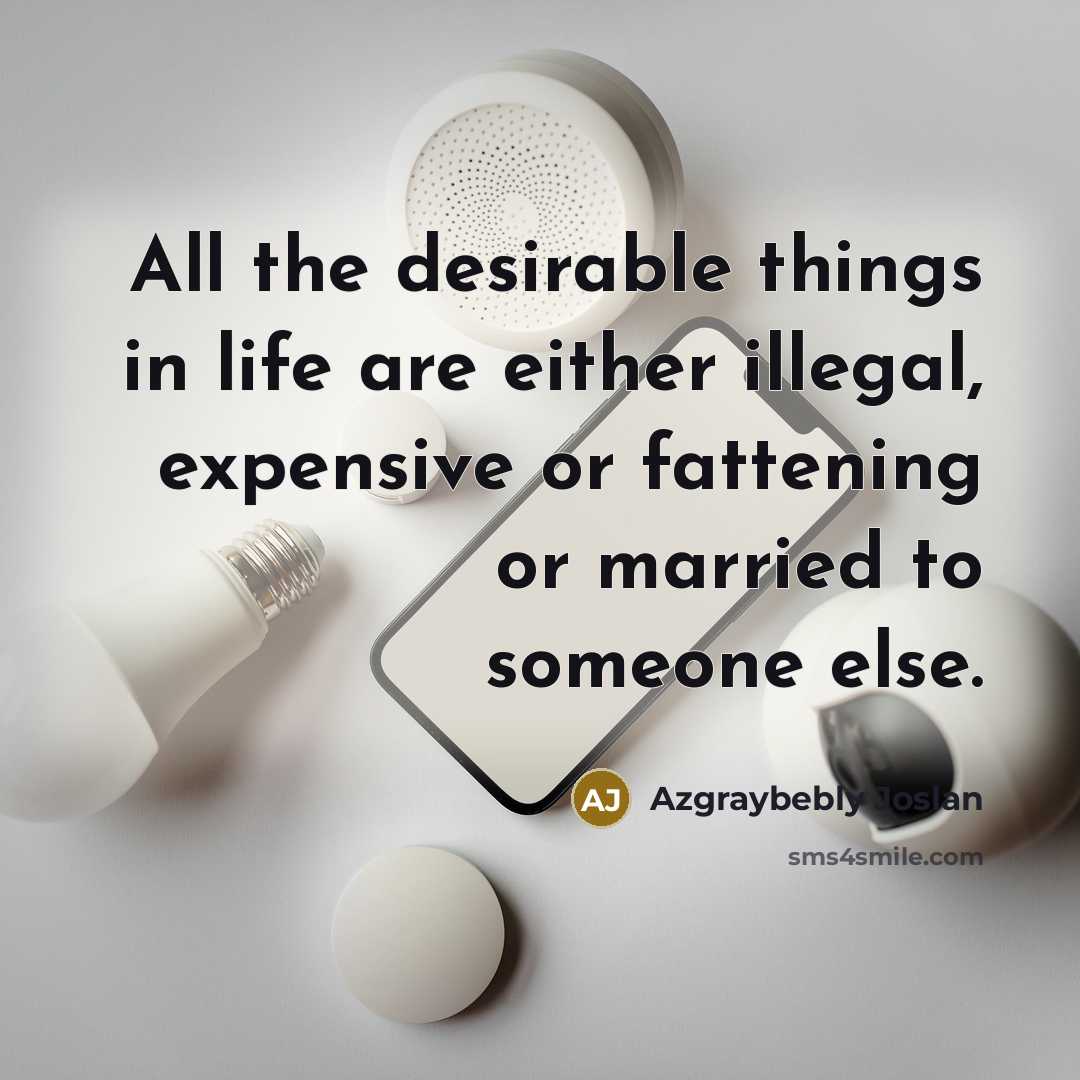 “All the desirable things in life are either illegal, expensive or fattening or married to someone else.” quote by Azgraybebly Joslan