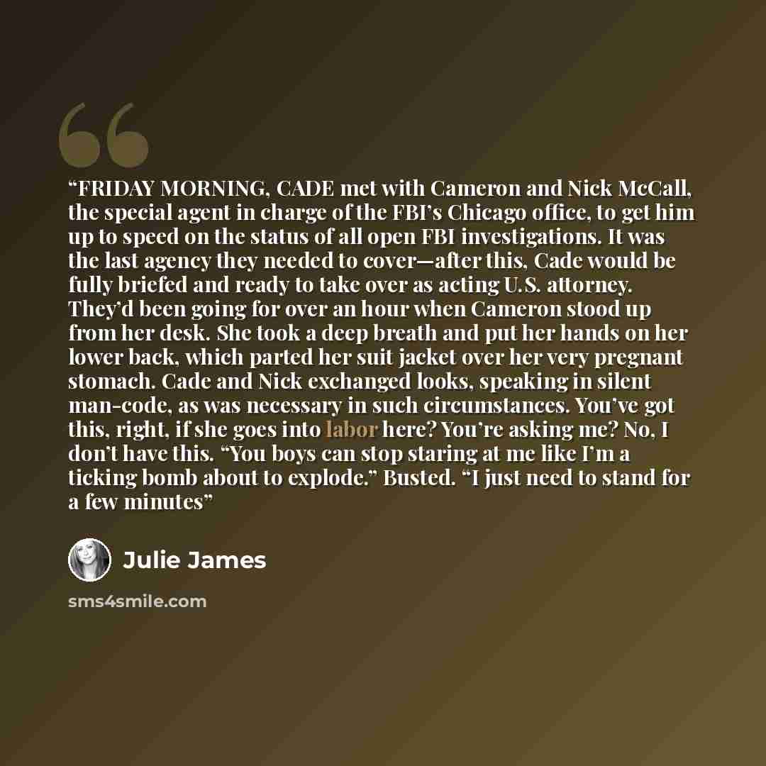 “FRIDAY MORNING, CADE met with Cameron and Nick McCall, the special agent in charge of the FBI’s Chicago office, to get him up to speed on the status of all open FBI investigations. It was the last agency they needed to cover—after this, Cade would be fully briefed and ready to take over as acting…” quote by Julie James