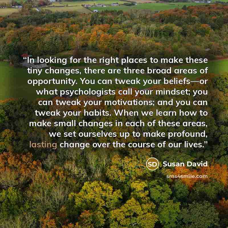 “In looking for the right places to make these tiny changes, there are three broad areas of opportunity. You can tweak your beliefs—or what psychologists call your mindset; you can tweak your motivations; and you can tweak your habits. When we learn how to make small changes in each of these areas…” quote by Susan David