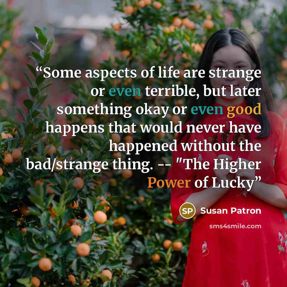 “Some aspects of life are strange or even terrible, but later something okay or even good happens that would never have happened without the bad/strange thing. -- "The Higher Power of Lucky” quote by Susan Patron