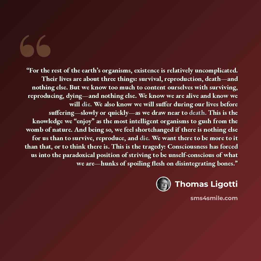 “For the rest of the earth’s organisms, existence is relatively uncomplicated. Their lives are about three things: survival, reproduction, death—and nothing else. But we know too much to content ourselves with surviving, reproducing, dying—and nothing else. We know we are alive and know we will…” quote by Thomas Ligotti