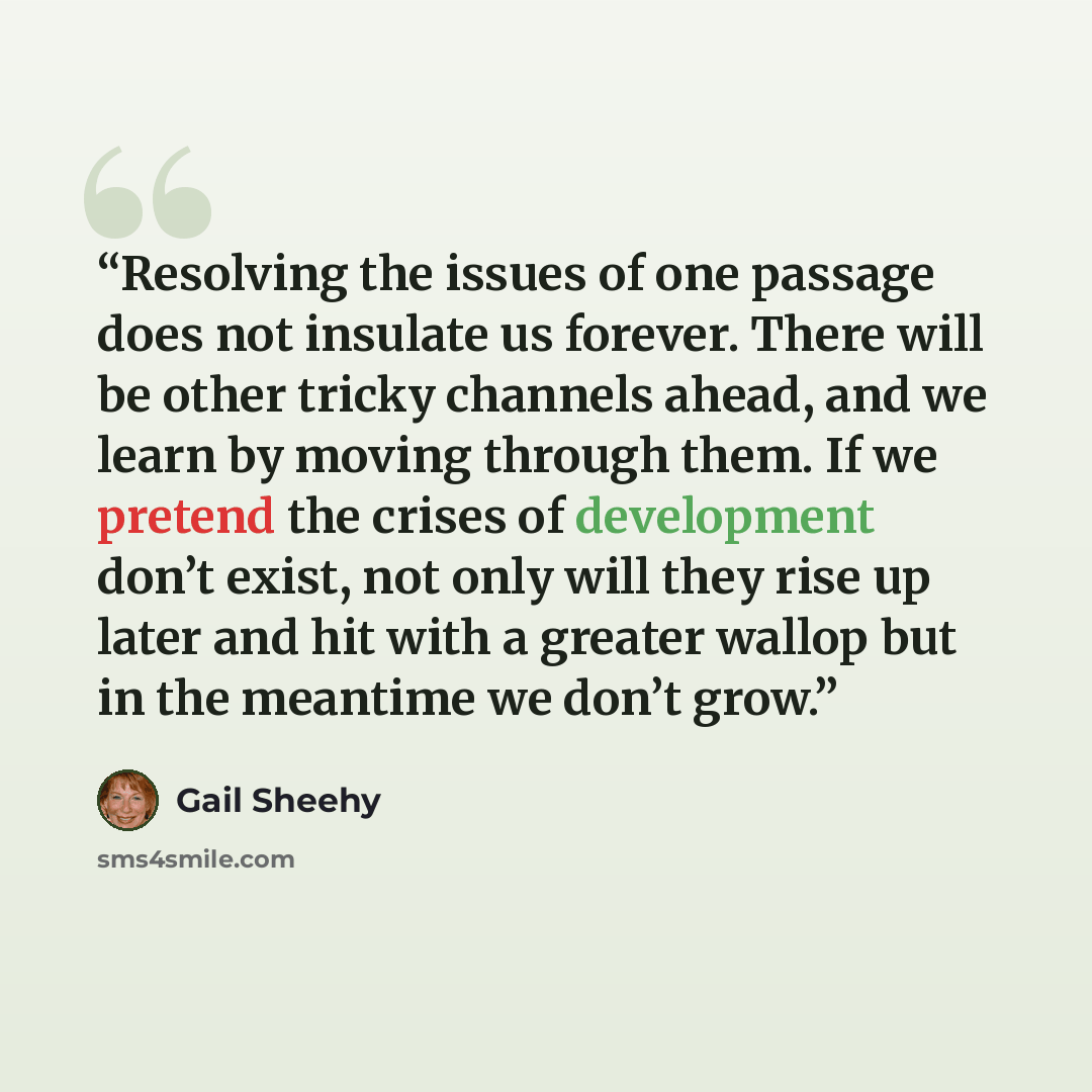 “Resolving the issues of one passage does not insulate us forever. There will be other tricky channels ahead, and we learn by moving through them. If we pretend the crises of development don’t exist, not only will they rise up later and hit with a greater wallop but in the meantime we don’t grow.” quote by Gail Sheehy