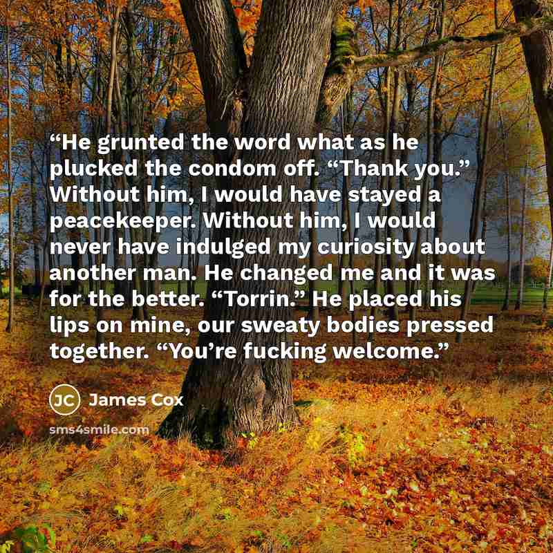 “He grunted the word what as he plucked the condom off. “Thank you.” Without him, I would have stayed a peacekeeper. Without him, I would never have indulged my curiosity about another man. He changed me and it was for the better. “Torrin.” He placed his lips on mine, our sweaty bodies pressed…” quote by James Cox