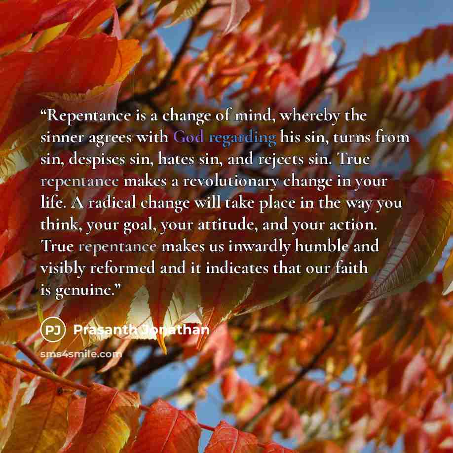“Repentance is a change of mind, whereby the sinner agrees with God regarding his sin, turns from sin, despises sin, hates sin, and rejects sin. True repentance makes a revolutionary change in your life. A radical change will take place in the way you think, your goal, your attitude, and your…” quote by Prasanth Jonathan