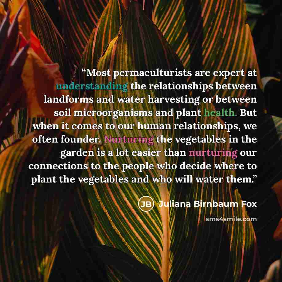 “Most permaculturists are expert at understanding the relationships between landforms and water harvesting or between soil microorganisms and plant health. But when it comes to our human relationships, we often founder. Nurturing the vegetables in the garden is a lot easier than nurturing our…” quote by Juliana Birnbaum Fox