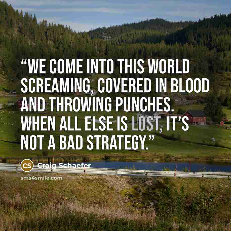 “We come into this world screaming, covered in blood and throwing punches. When all else is lost, it’s not a bad strategy.” quote by Craig Schaefer