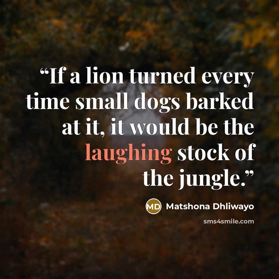 “If a lion turned every time small dogs barked at it, it would be the laughing stock of the jungle.” quote by Matshona Dhliwayo