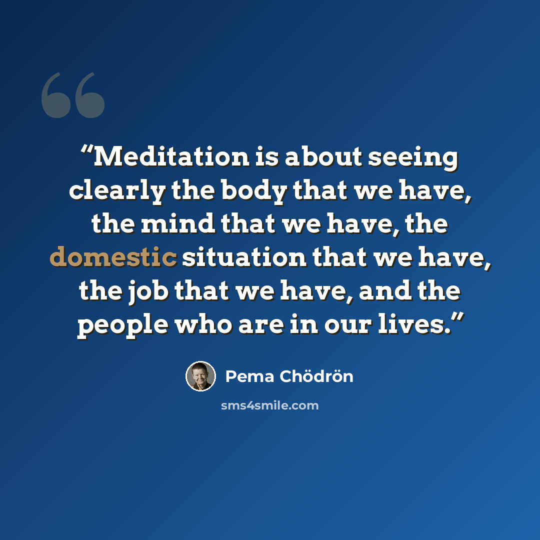 “Meditation is about seeing clearly the body that we have, the mind that we have, the domestic situation that we have, the job that we have, and the people who are in our lives.” quote by Pema Chödrön