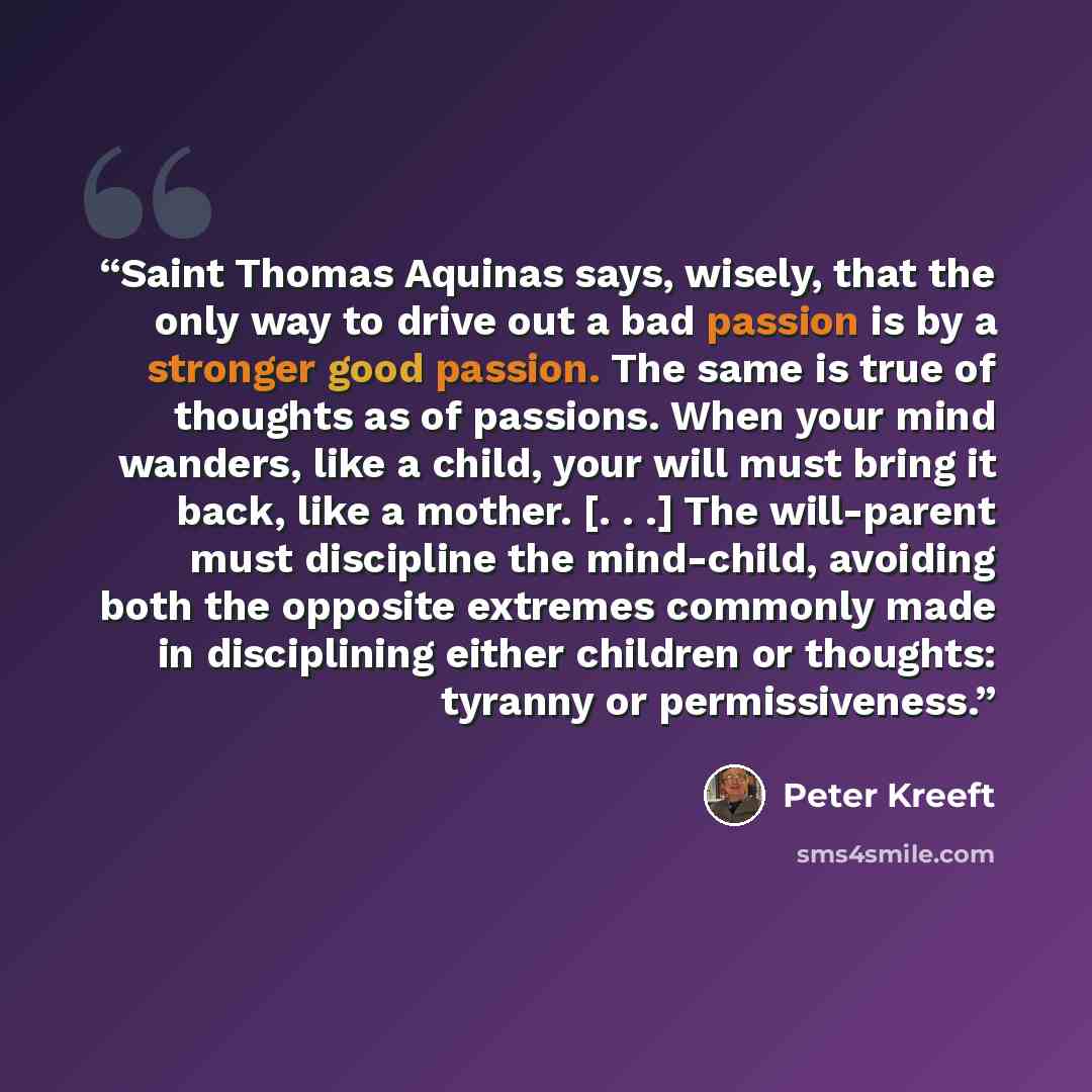 “Saint Thomas Aquinas says, wisely, that the only way to drive out a bad passion is by a stronger good passion. The same is true of thoughts as of passions. When your mind wanders, like a child, your will must bring it back, like a mother. [. . .] The will-parent must discipline the mind-child…” quote by Peter Kreeft