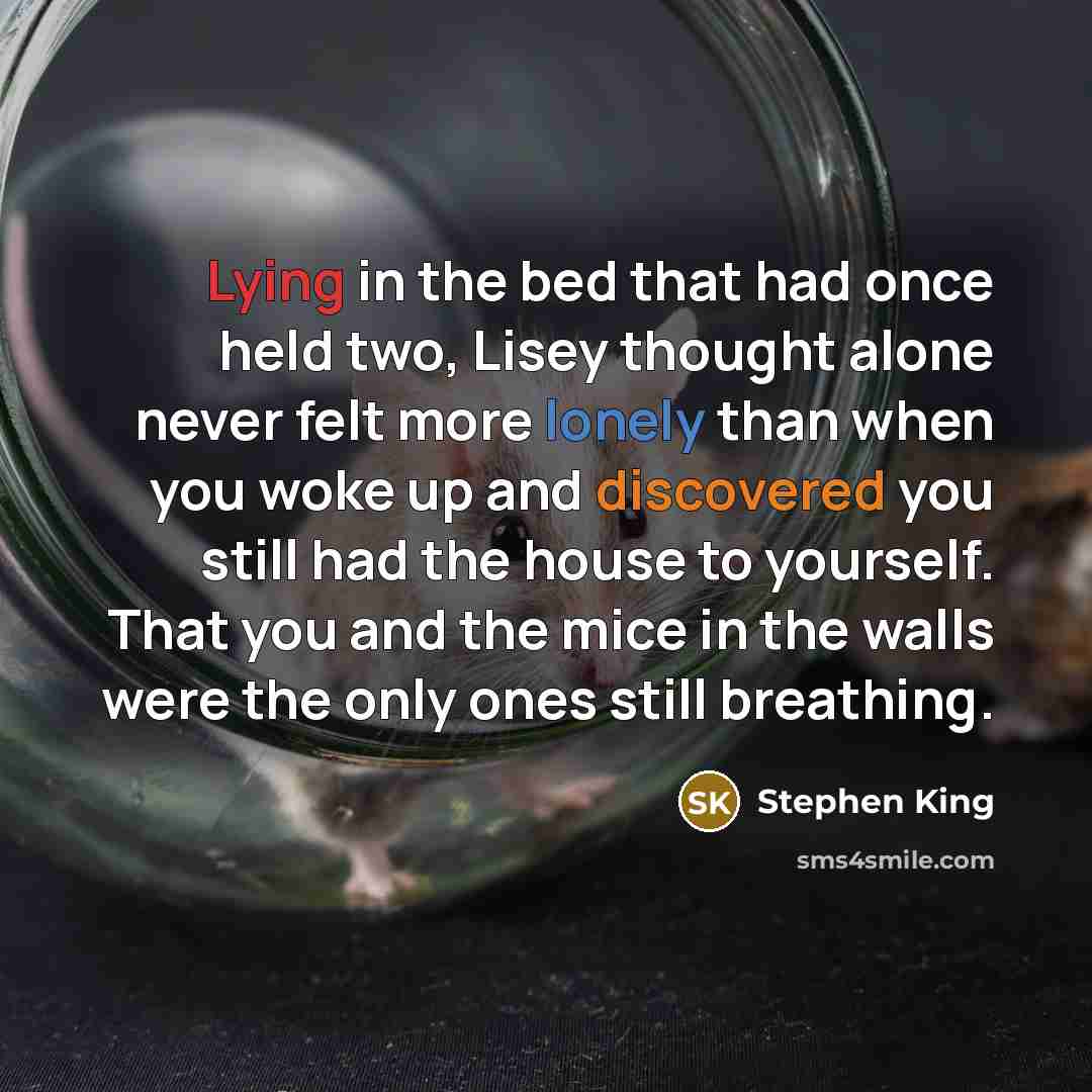 “Lying in the bed that had once held two, Lisey thought alone never felt more lonely than when you woke up and discovered you still had the house to yourself. That you and the mice in the walls were the only ones still breathing.” quote by Stephen King