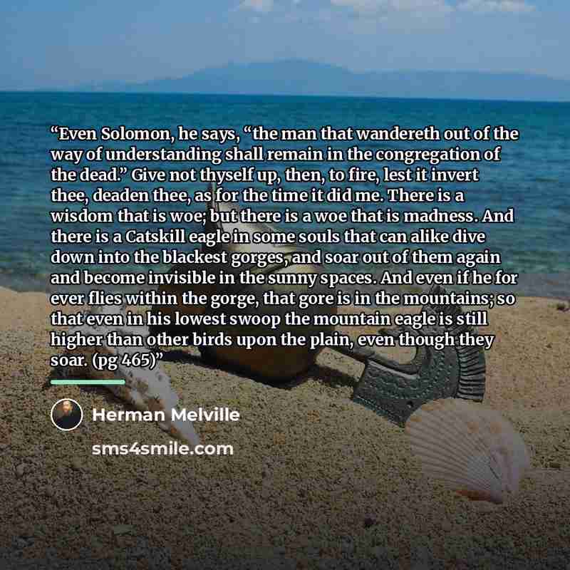 “Even Solomon, he says, “the man that wandereth out of the way of understanding shall remain in the congregation of the dead.” Give not thyself up, then, to fire, lest it invert thee, deaden thee, as for the time it did me. There is a wisdom that is woe; but there is a woe that is madness. And…” quote by Herman Melville