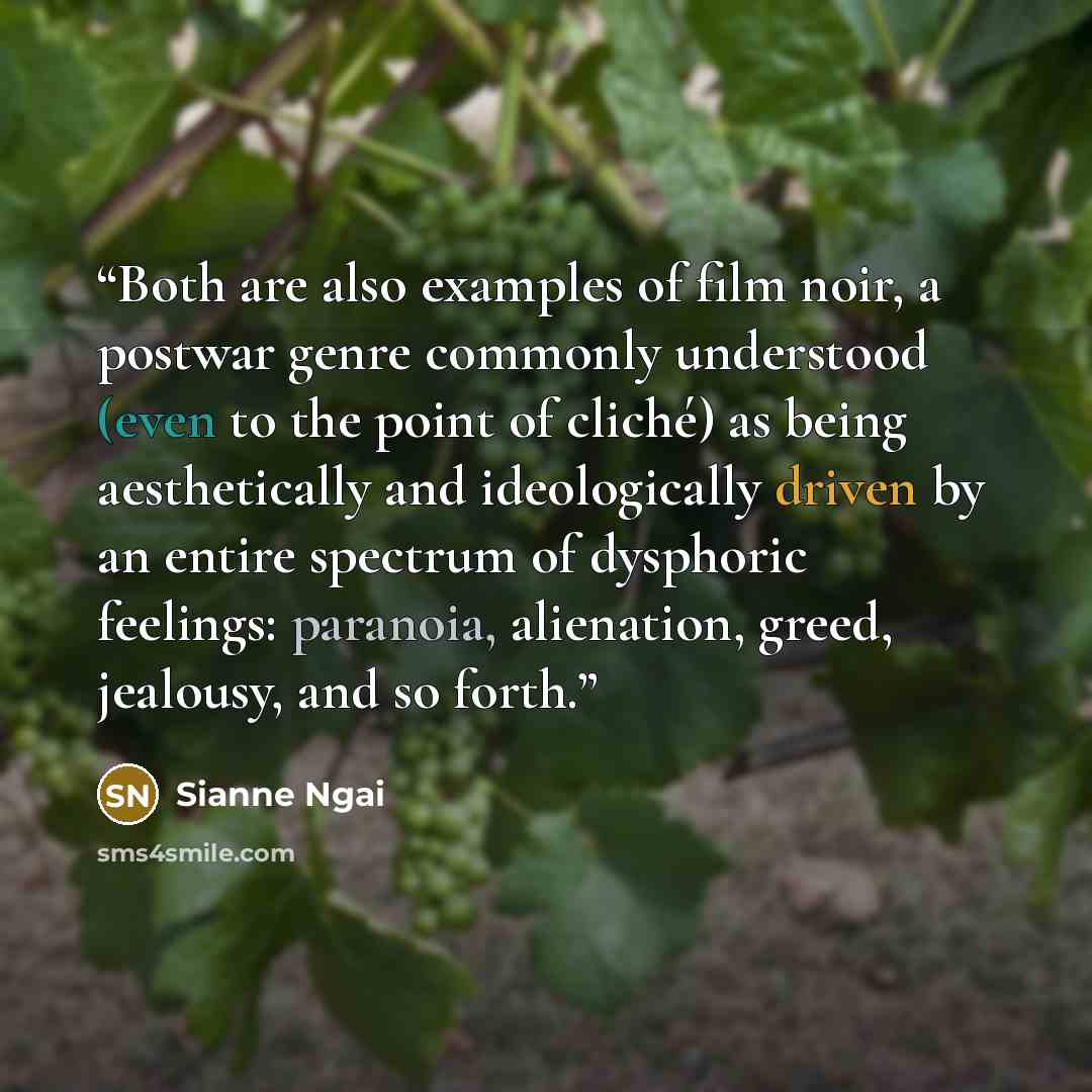 “Both are also examples of film noir, a postwar genre commonly understood (even to the point of cliché) as being aesthetically and ideologically driven by an entire spectrum of dysphoric feelings: paranoia, alienation, greed, jealousy, and so forth.” quote by Sianne Ngai