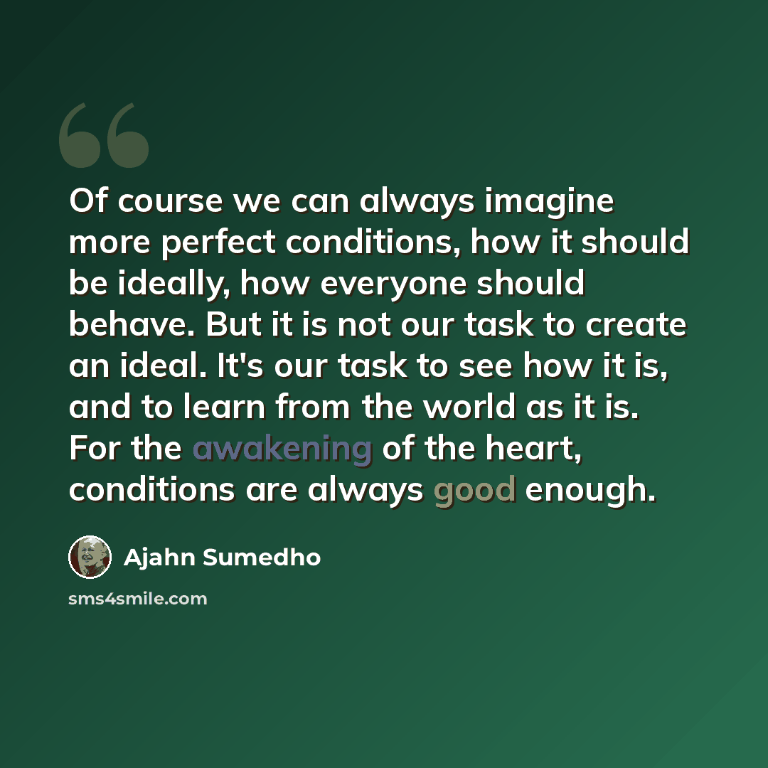 “Of course we can always imagine more perfect conditions, how it should be ideally, how everyone should behave. But it is not our task to create an ideal. It's our task to see how it is, and to learn from the world as it is. For the awakening of the heart, conditions are always good enough.” quote by Ajahn Sumedho
