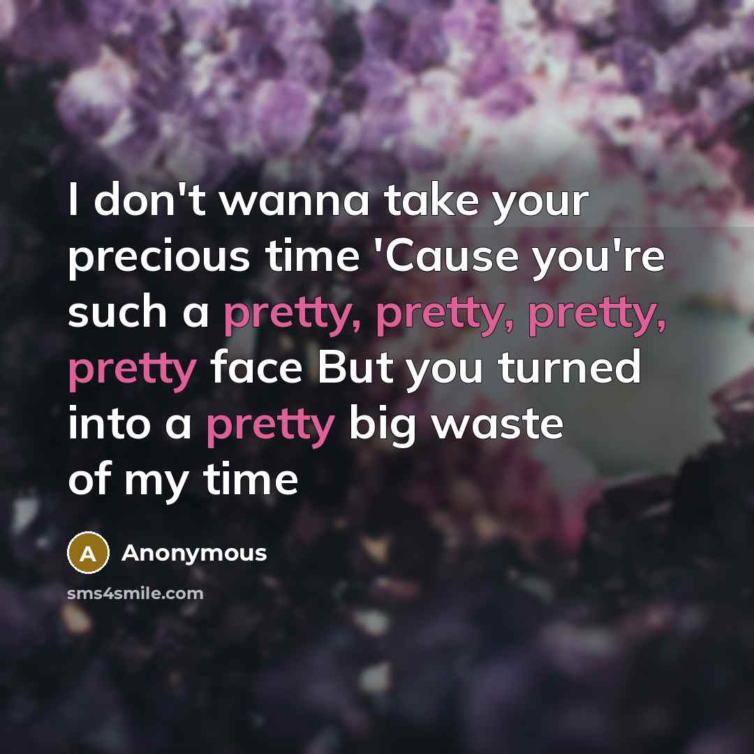 “I don't wanna take your precious time 'Cause you're such a pretty, pretty, pretty, pretty face But you turned into a pretty big waste of my time” quote by Anonymous