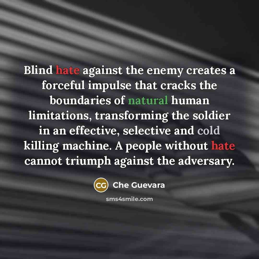“Blind hate against the enemy creates a forceful impulse that cracks the boundaries of natural human limitations, transforming the soldier in an effective, selective and cold killing machine. A people without hate cannot triumph against the adversary.” quote by Che Guevara