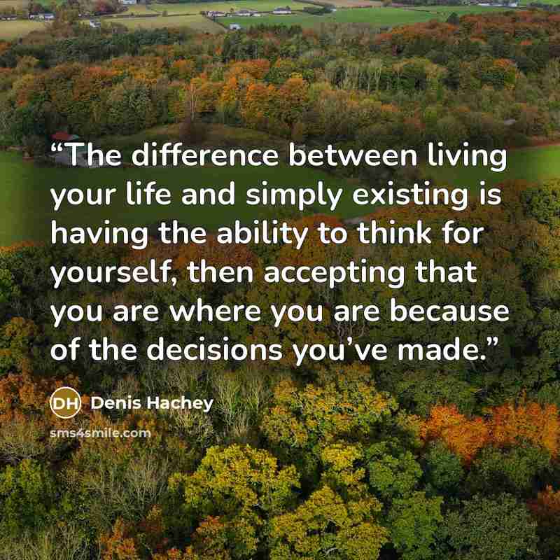 “The difference between living your life and simply existing is having the ability to think for yourself, then accepting that you are where you are because of the decisions you’ve made.” quote by Denis Hachey
