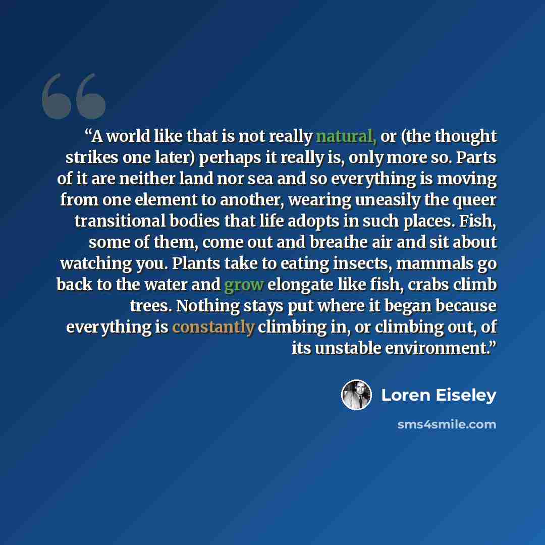 “A world like that is not really natural, or (the thought strikes one later) perhaps it really is, only more so. Parts of it are neither land nor sea and so everything is moving from one element to another, wearing uneasily the queer transitional bodies that life adopts in such places. Fish, some…” quote by Loren Eiseley
