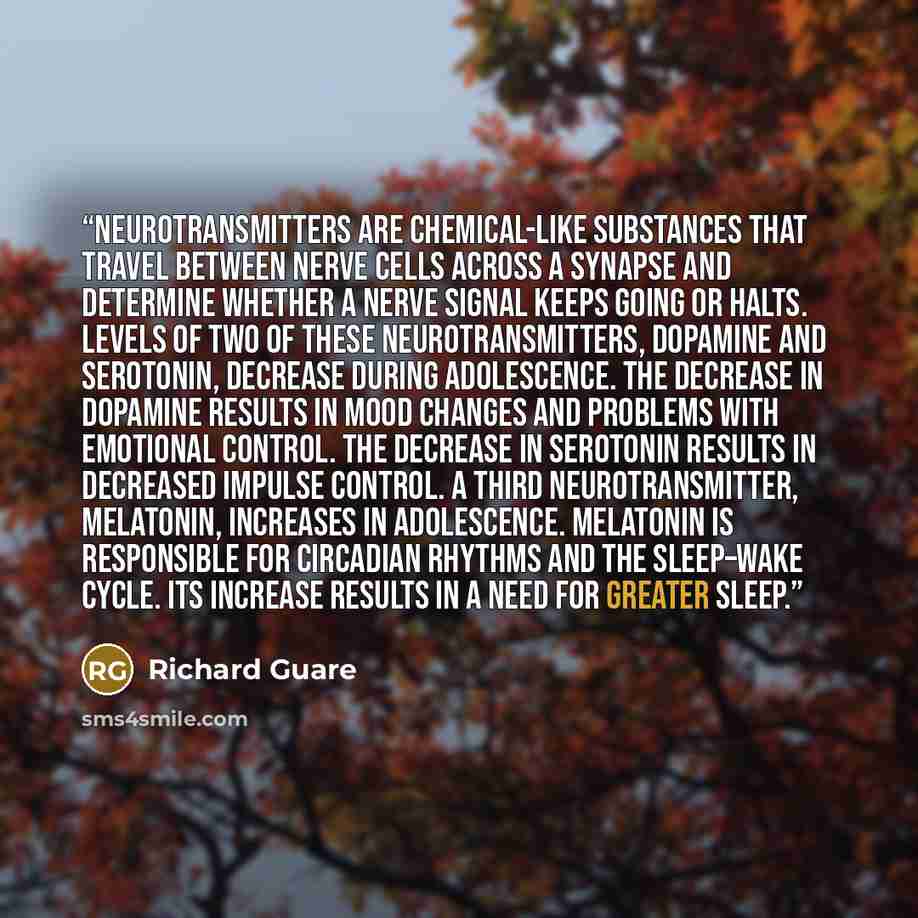 “Neurotransmitters are chemical-like substances that travel between nerve cells across a synapse and determine whether a nerve signal keeps going or halts. Levels of two of these neurotransmitters, dopamine and serotonin, decrease during adolescence. The decrease in dopamine results in mood changes…” quote by Richard Guare