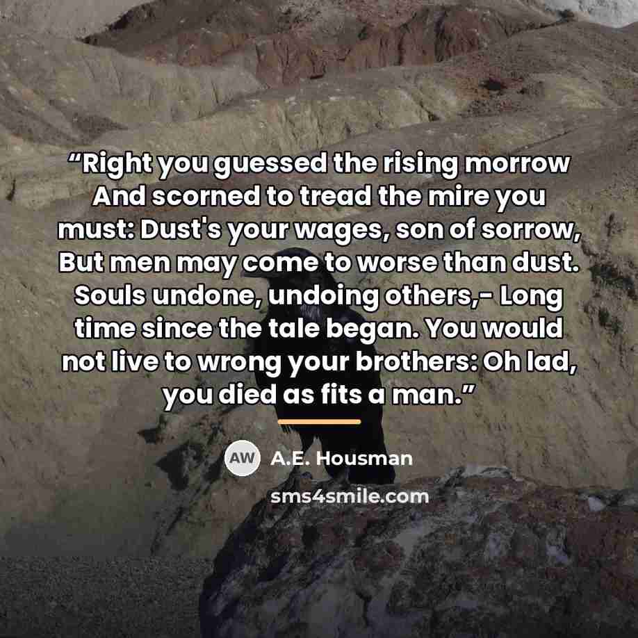 “Right you guessed the rising morrow And scorned to tread the mire you must: Dust's your wages, son of sorrow, But men may come to worse than dust. Souls undone, undoing others,- Long time since the tale began. You would not live to wrong your brothers: Oh lad, you died as fits a man.” quote by A.E. Housman