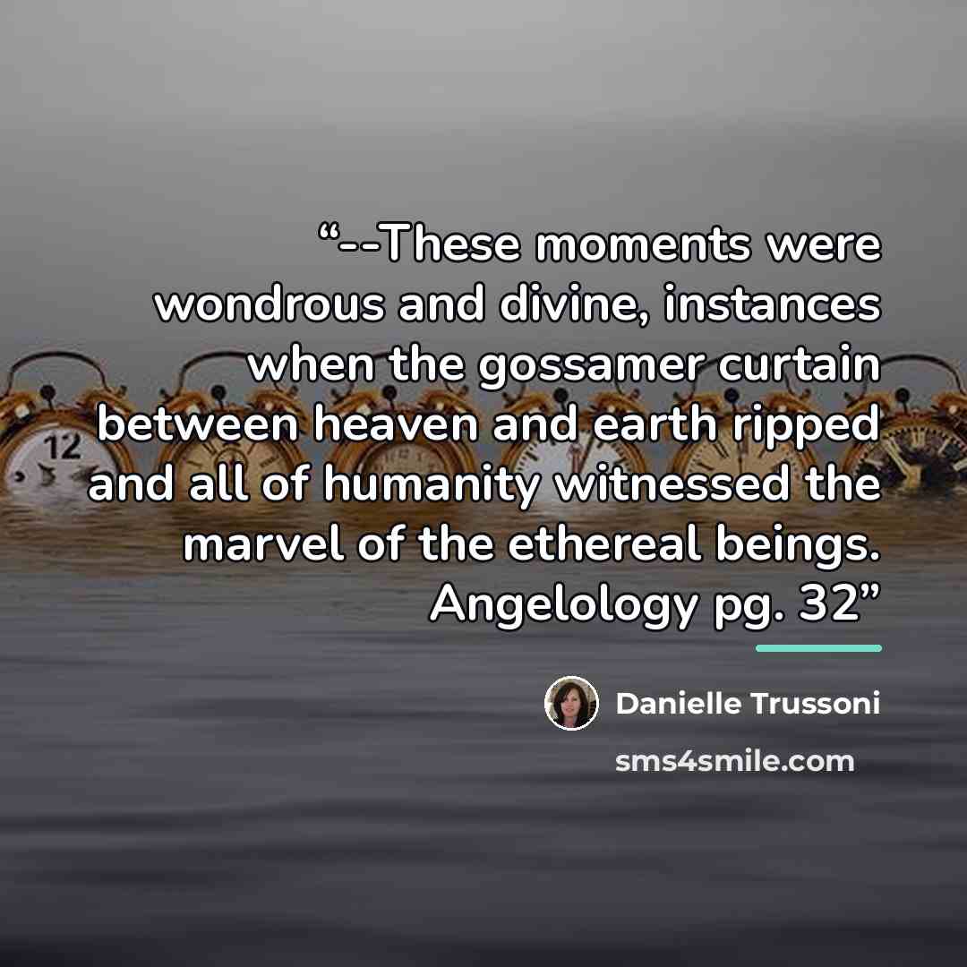 “--These moments were wondrous and divine, instances when the gossamer curtain between heaven and earth ripped and all of humanity witnessed the marvel of the ethereal beings. Angelology pg. 32” quote by Danielle Trussoni