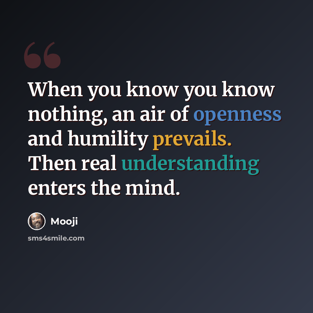 “When you know you know nothing, an air of openness and humility prevails. Then real understanding enters the mind.” quote by Mooji