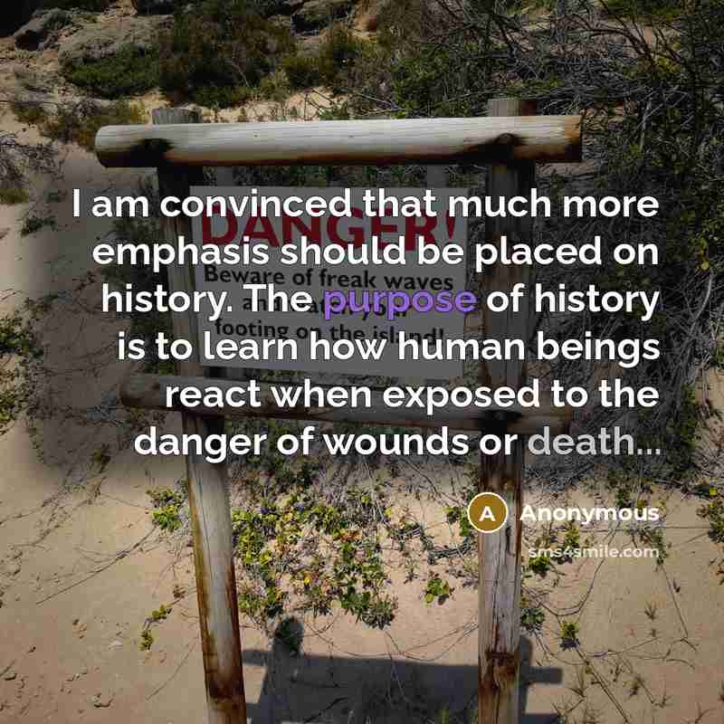 “I am convinced that much more emphasis should be placed on history. The purpose of history is to learn how human beings react when exposed to the danger of wounds or death...” quote by Anonymous
