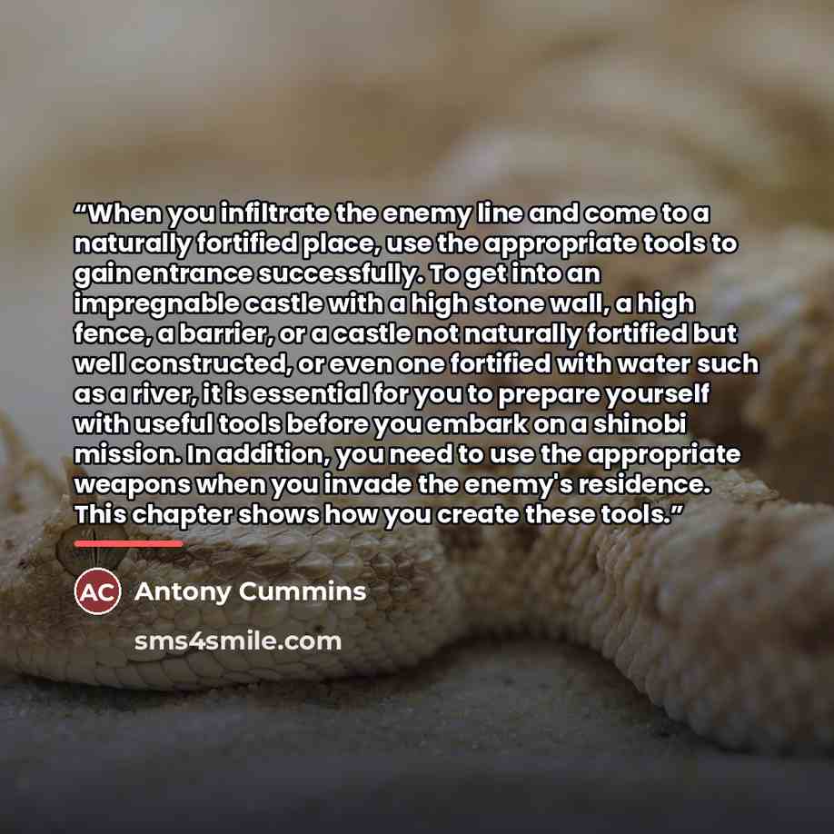 “When you infiltrate the enemy line and come to a naturally fortified place, use the appropriate tools to gain entrance successfully. To get into an impregnable castle with a high stone wall, a high fence, a barrier, or a castle not naturally fortified but well constructed, or even one fortified…” quote by Antony Cummins