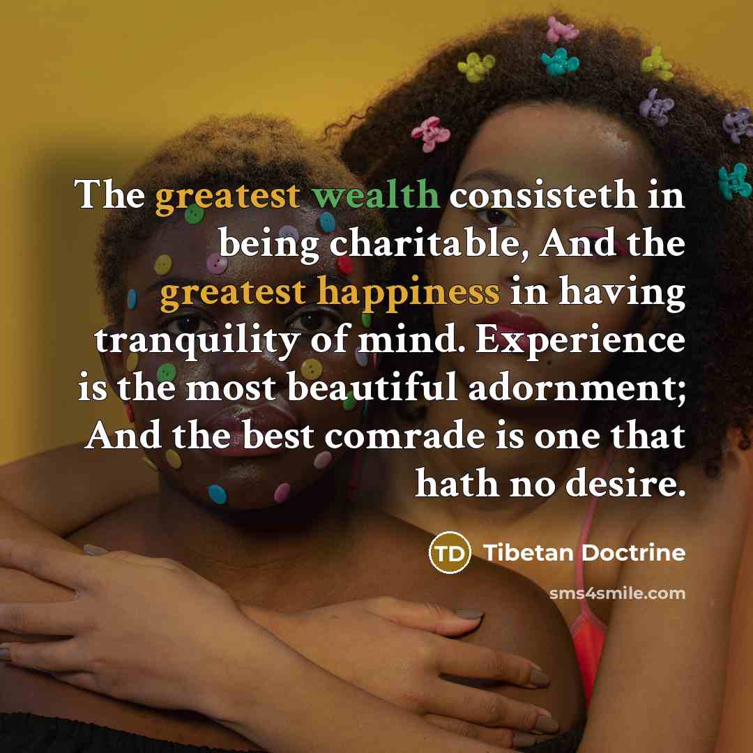 “The greatest wealth consisteth in being charitable, And the greatest happiness in having tranquility of mind. Experience is the most beautiful adornment; And the best comrade is one that hath no desire.” quote by Tibetan Doctrine