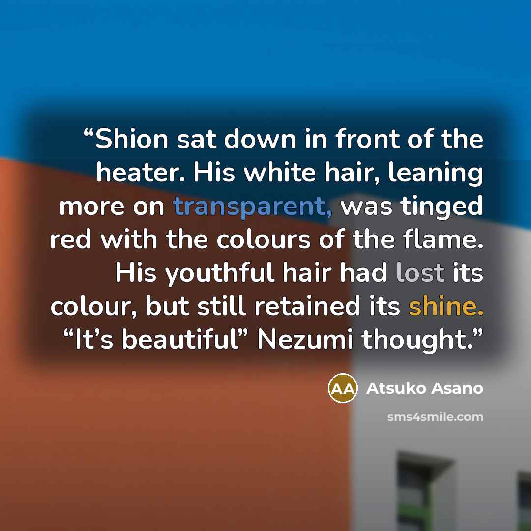 “Shion sat down in front of the heater. His white hair, leaning more on transparent, was tinged red with the colours of the flame. His youthful hair had lost its colour, but still retained its shine. “It’s beautiful” Nezumi thought.” quote by Atsuko Asano