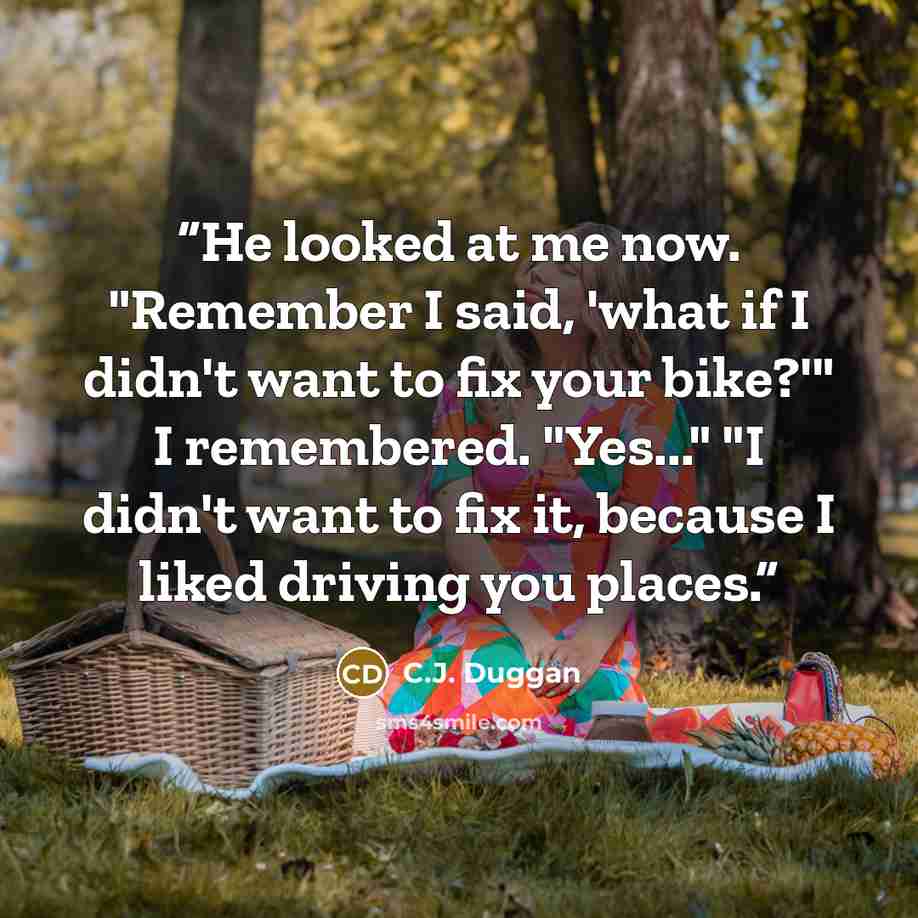 “He looked at me now. "Remember I said, 'what if I didn't want to fix your bike?'" I remembered. "Yes..." "I didn't want to fix it, because I liked driving you places.” quote by C.J. Duggan
