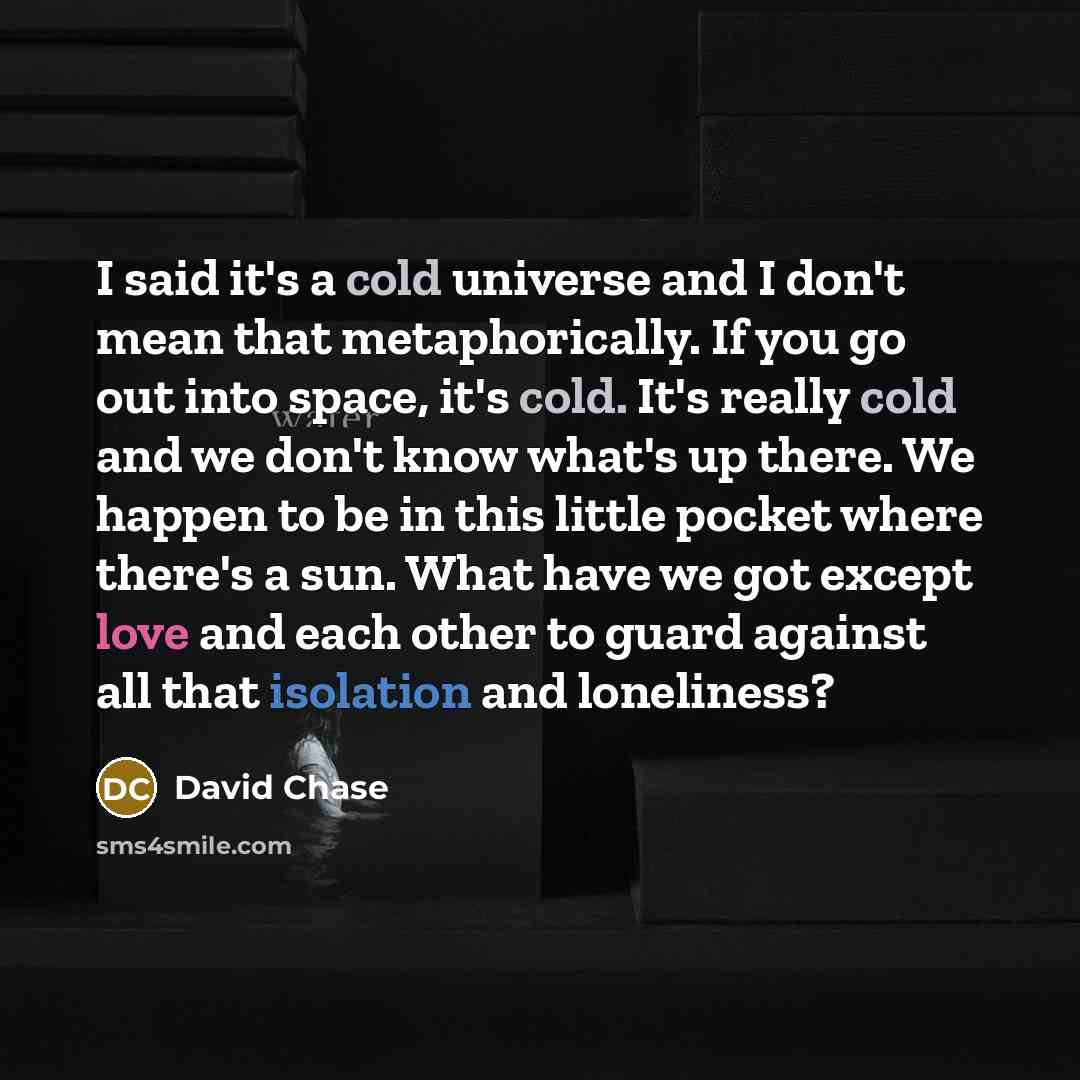 “I said it's a cold universe and I don't mean that metaphorically. If you go out into space, it's cold. It's really cold and we don't know what's up there. We happen to be in this little pocket where there's a sun. What have we got except love and each other to guard against all that isolation and…” quote by David Chase