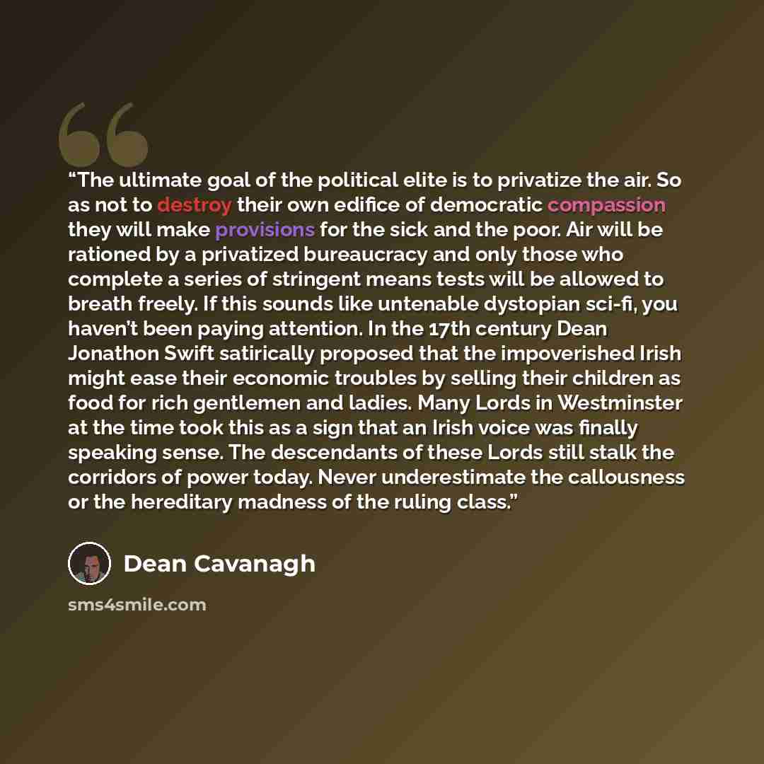 “The ultimate goal of the political elite is to privatize the air. So as not to destroy their own edifice of democratic compassion they will make provisions for the sick and the poor. Air will be rationed by a privatized bureaucracy and only those who complete a series of stringent means tests will…” quote by Dean Cavanagh