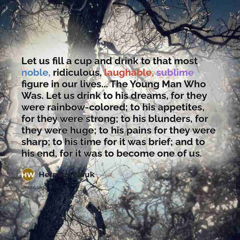 “Let us fill a cup and drink to that most noble, ridiculous, laughable, sublime figure in our lives... The Young Man Who Was. Let us drink to his dreams, for they were rainbow-colored; to his appetites, for they were strong; to his blunders, for they were huge; to his pains for they were sharp; to…” quote by Herman Wouk